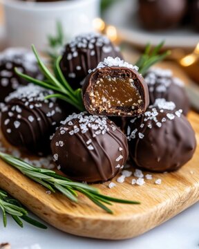 Chocolate truffles with sea salt and caramel on wooden plate with rosemary