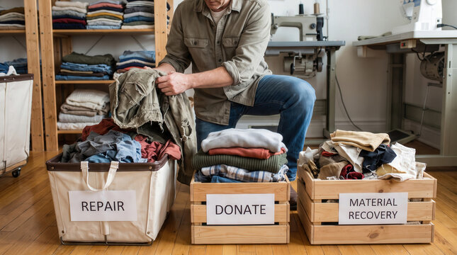 Man sorting clothes into repair donate and material recovery bins