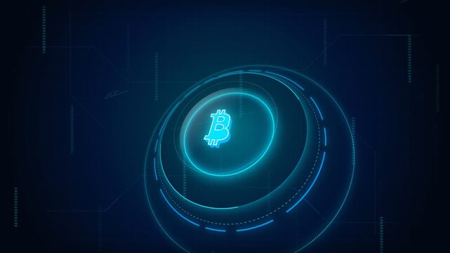 Glowing 3D blue HUD interface rotating around a futuristic Bitcoin logo with animated text displaying cryptocurrency, blockchain, and decentralized on dark digital background screen.