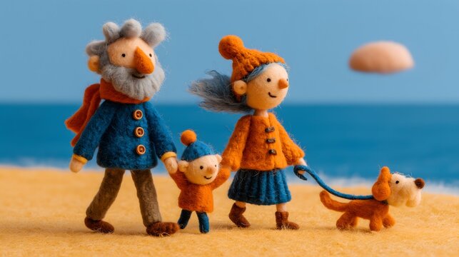 Famille interg&eacute;n&eacute;rationnelle en feutrine avec enfant et chien se promenant sur une plage