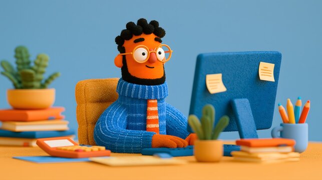 Comptable en feutrine travaillant sur ordinateur avec calculatrice, documents et fournitures de bureau
