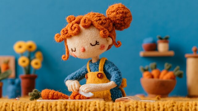 Cuisini&egrave;re en feutrine portant un tablier et d&eacute;coupant des carottes dans une cuisine color&eacute;e