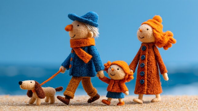 Parents en feutrine tenant la main de leur enfant pendant une promenade avec leur chien &agrave; la plage