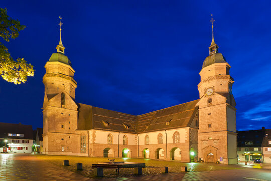 Germany, Baden Wurttemberg, Freudenstadt, View of parish church at night