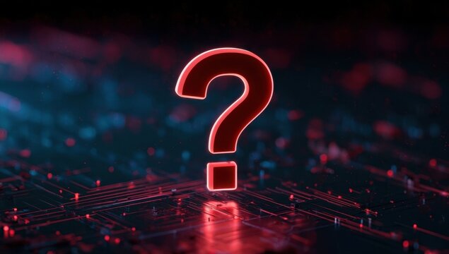 Glowing red question mark symbol centered on a dark digital circuit