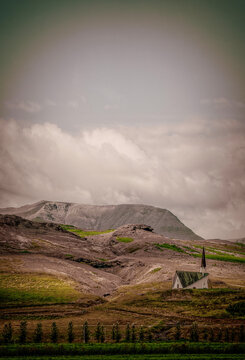 Iceland, Europe: view of the Mosfellskirkja (Mosfell Church), modernist Lutheran church by Ragnar Emilsson at the base of the Mosfell mountain in Mosfellsdalur valley, near the town of Mosfellsbaer