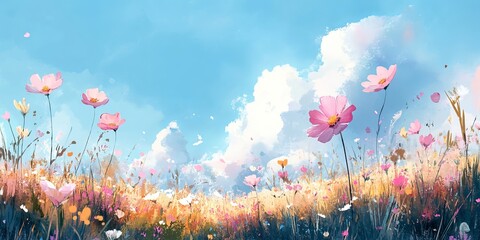 Fototapeta premium Watercolor Painting of a Soft Pink Cosmos Field with Gentil White Clouds and Summer Morning Sky.