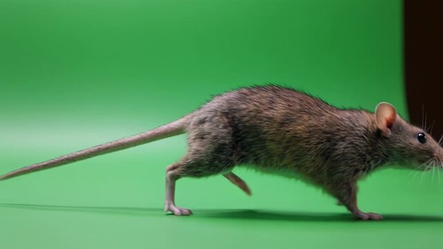 Small rat scurrying across a vibrant green screen background with subtle camera movement