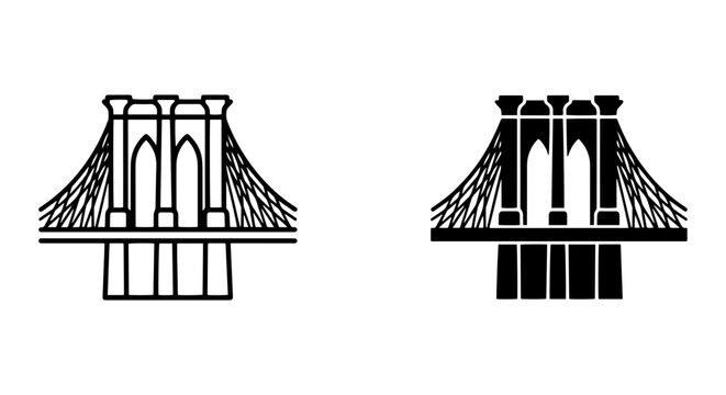 Brooklyn Bridge Vector Icons, Iconic Landmark Symbols, Cityscape Architecture, Black and White Line Art