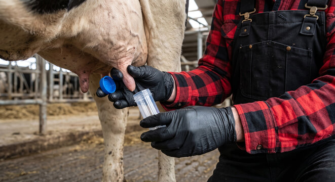 Dairy farmer collects milk sample from cow udder using sterile tube for quality testing.