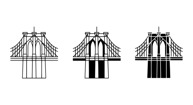 Brooklyn Bridge Vector Icons, Iconic Landmark Silhouettes, New York City Architecture, Black and White Design Elements