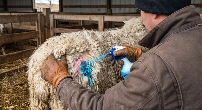 Farmer in leather gloves sprays blue antiseptic on wounded sheep wool to prevent infection.