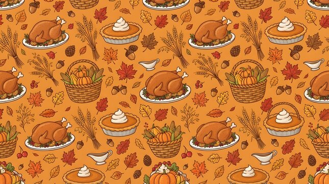 Seamless thanksgiving pattern with roast turkey, pumpkin pie, baskets of harvest vegetables, autumn leaves and acorns on orange background