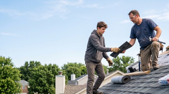 Teenager helping an adult with a roof replacement passing a shingle showing family teamwork intergenerational DIY construction projects and outdoor home improvement