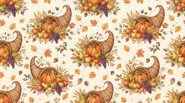 Seamless thanksgiving pattern with cornucopia horn of plenty filled with pumpkins, fruits, grapes and autumn leaves on cream background