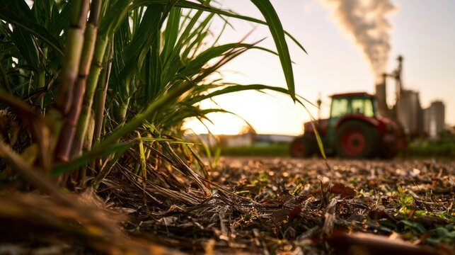 Green sugarcane stalks growing in foreground with red tractor and smokestacks in rural field