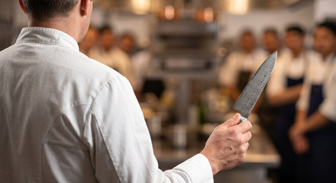 Professional chef in white uniform holds damascus steel knife during kitchen training.