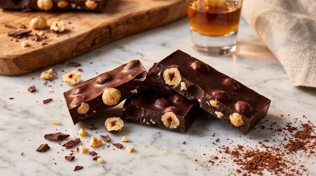 Luxurious chocolate bar broken open to reveal roasted hazelnuts, surrounded by nut fragments and chocolate crumbs on elegant marble.