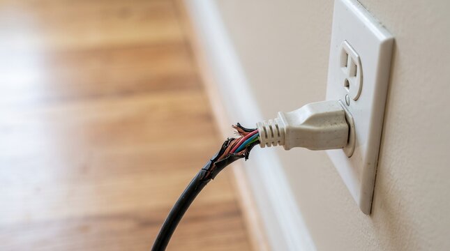 Dangerous frayed power cord with exposed wires lying near a wall outlet representing severe domestic electrical hazards fire risks and the need for residential maintenance