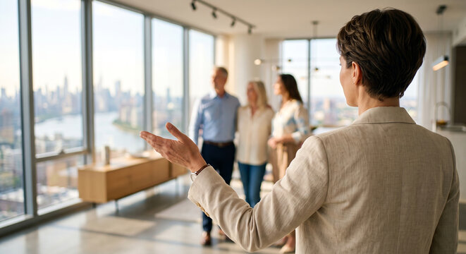 Real estate agent showing luxury apartment with city skyline view to potential buyers.