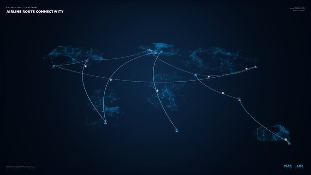 Glowing blue digital world map showcasing airline route connectivity with animated airplanes traveling along network flight paths on a high-tech HUD dashboard screen, wide angle view.