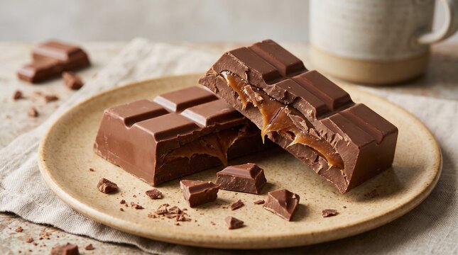 Milk chocolate bar snapped into pieces with crisp fracture details and scattered shards on a warm beige background in soft natural light.