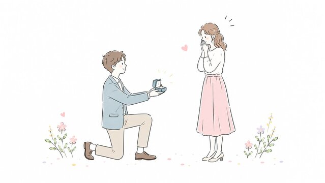 片膝をついて女性に婚約指輪でプロポーズをする男性と感動する女性のイラスト