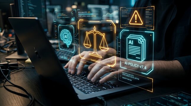AI Legal Compliance Futuristic Interface with Scales of Justice and Brain