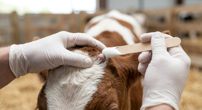 White gloved hands apply caustic dehorning paste to young calf head for horn management.