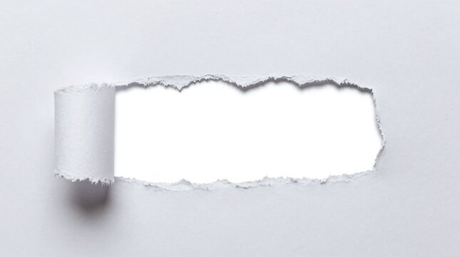 White paper background ripped open with torn edges and empty copy space.