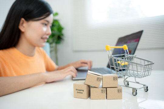 woman using computer for online shopping at home. stay home, technology, electronic commerce, internet, market place, final or summer or big sale, payment, discount for credit, offer, Low price