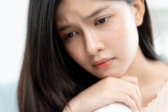 Unhappy asian woman girl disappointed, sad about problem in home alone, feel lonely, Stressed, suffering from bad relationship, break up, divorce, female confused, depression mental health, loneliness
