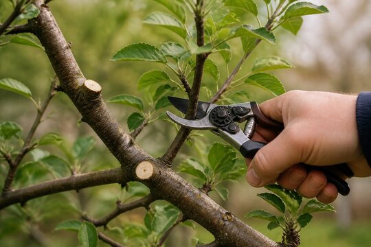 Gardener pruning an apple tree branch with hand shears in a garden