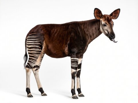 Okapi Standing Isolated on White Background &ndash; Rare African Forest Mammal Wildlife