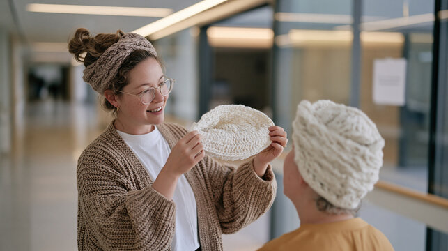 A milliner in a hospital corridor holds up a custom head covering before and after fitting it to a patient's head, craft meets compassionate care, bespoke hat making career,