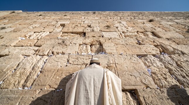 A Jewish man in a white tallit stands in prayer at the base of the towering Western Wall in Jerusalem under a blue sky.