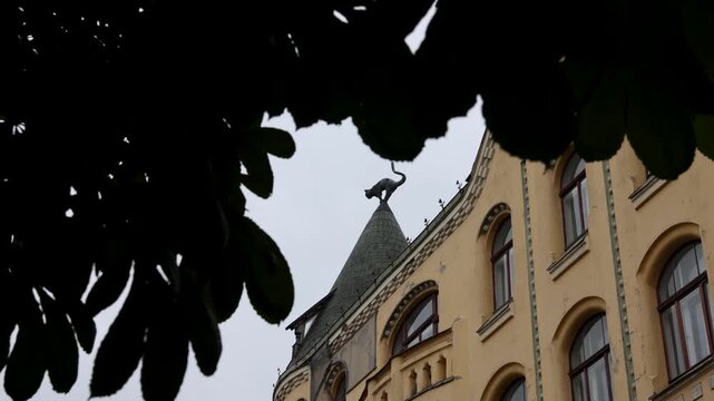 Cat House with rooftop cat sculpture in Old Town Riga, Latvia