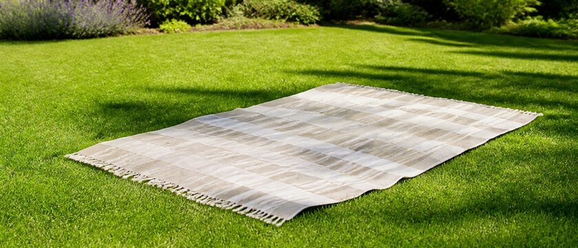 Striped picnic blanket on green grass lawn with dappled sunlight