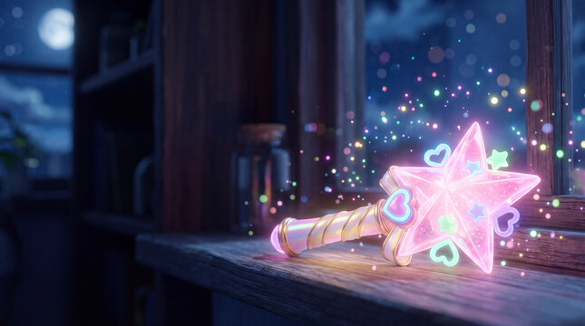 夜の窓辺に置かれた光り輝く星型の魔法のステッキ（アニメ風・ファンタジー
