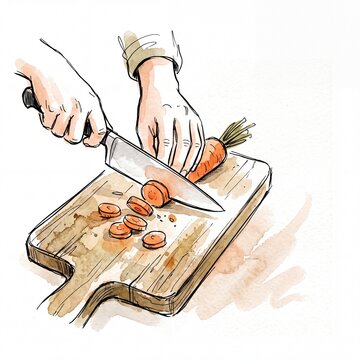hands slicing fresh orange carrots with a chef knife on a wooden chopping board scene