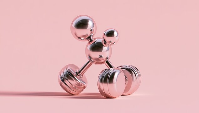 Shiny metallic abstract structure with spheres and ribbed cylinders on pink