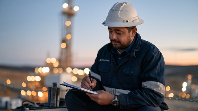Mining engineer taking twilight blue hour readings beside industrial bore sample display, volcanologist crater sampling equipment rack behind chain-link barrier, wide establishing