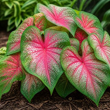 Heart-Shaped Caladium Leaves with Vibrant Pink and Green Summer Foliage