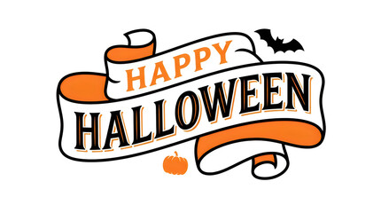 Happy Halloween typography design on a decorative ribbon banner with bat and pumpkin icon. © MD ACHADUL ISLAM