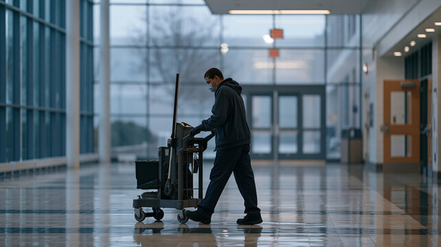 School janitor pushing industrial cleaning cart along misty predawn corridor, twilight blue light bleeding through tall windows across gleaming tile floor, wide establishing view