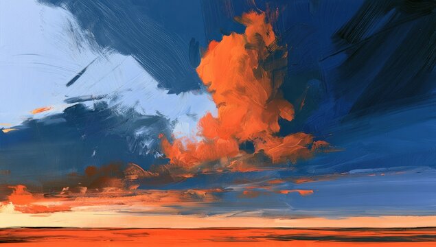 Dramatic sky ablaze with fiery orange clouds, horizon glows warm