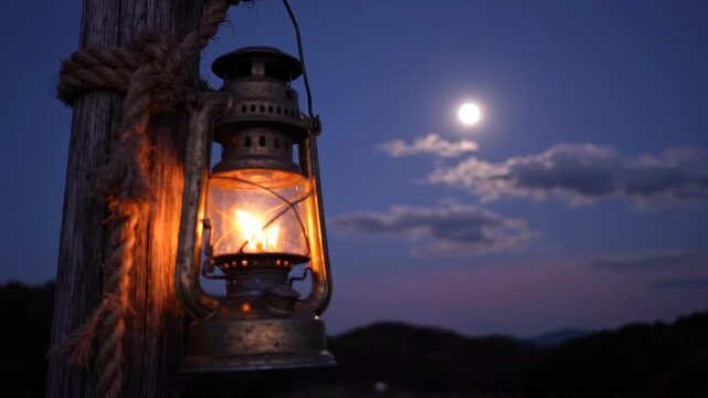 Glowing vintage oil lantern hanging on a tree under a full moon at night