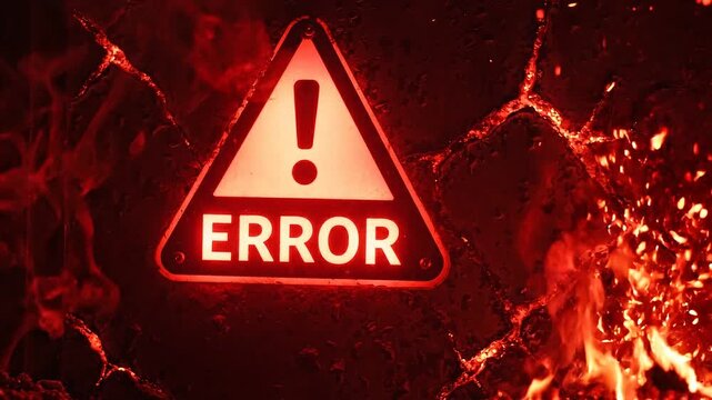 Glowing red error warning sign with fiery embers and digital glitch effects