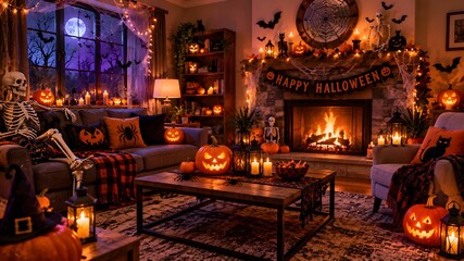Naklejka premium A decorated living room features halloween pumpkins a fireplace and a spooky ambiance