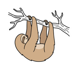 Naklejka premium Cartoon Sloth Hanging from a Tree Branch